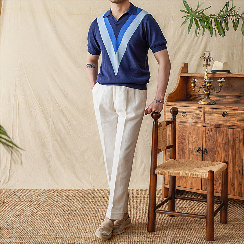 V-neck Casual Color-Block Knitted Shirt