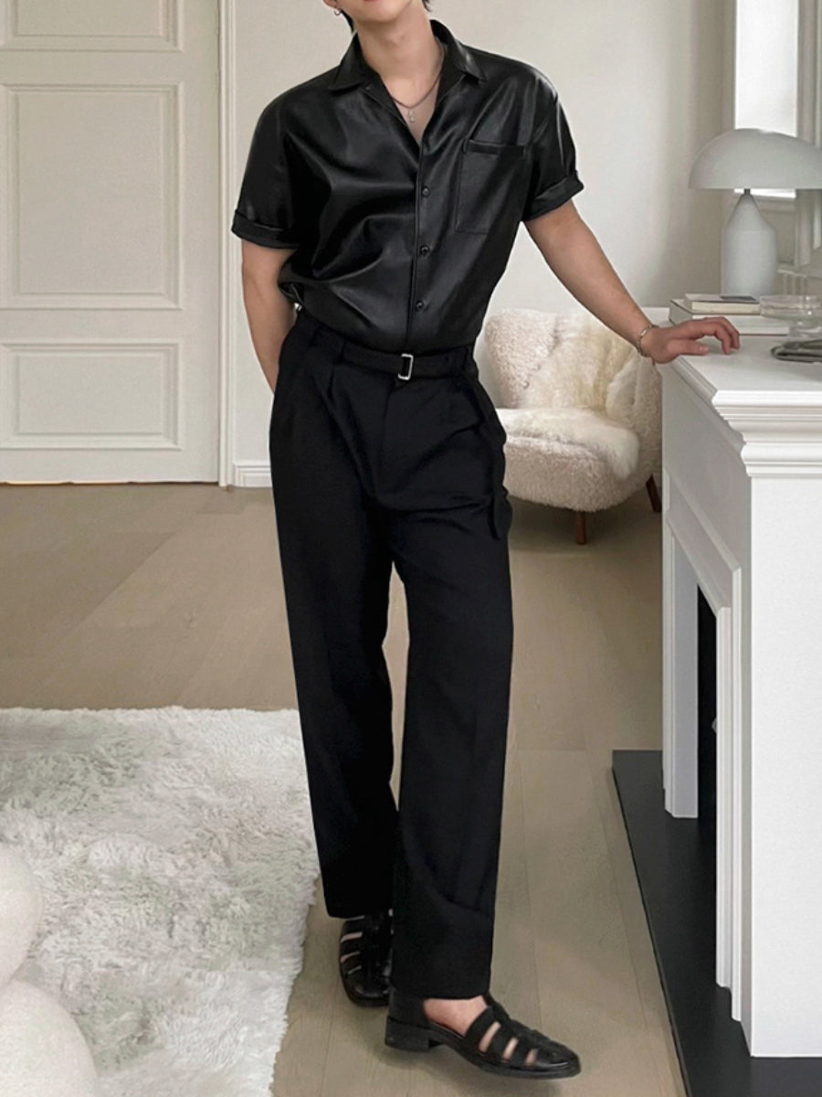 Loose Casual Commuter Lapel Leather Short Sleeves