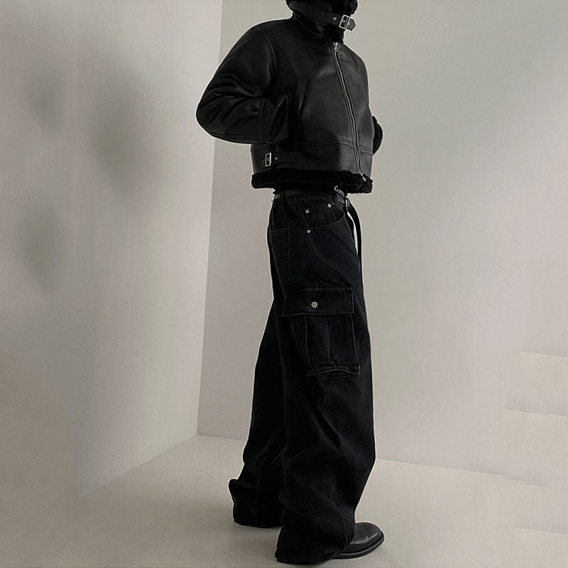 Men's Short Loose-fitting Stand-collar Faux Leather Jacket