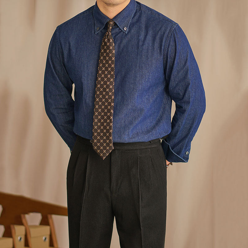 Men's Vintage Long Sleeve Casual Peak Collar Dress Shirt