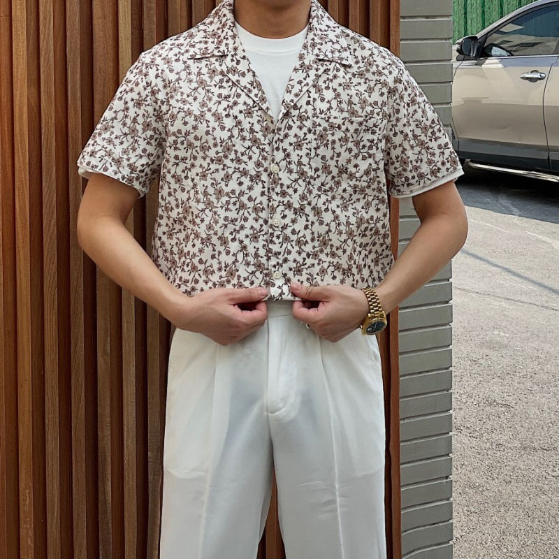 Mens Summer Cuban Collar Retro Short-sleeved Floral Shirt