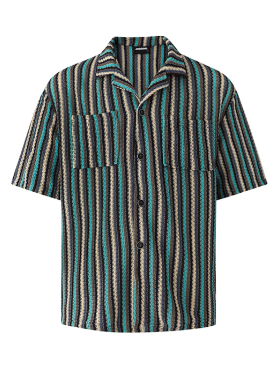 Striped Loose Casual Cuban Collar Shirt