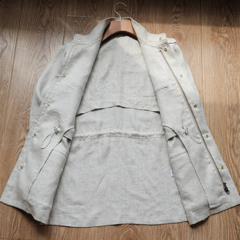 Summer 100% Linen Herringbone Unstructured Waist Trench jacket