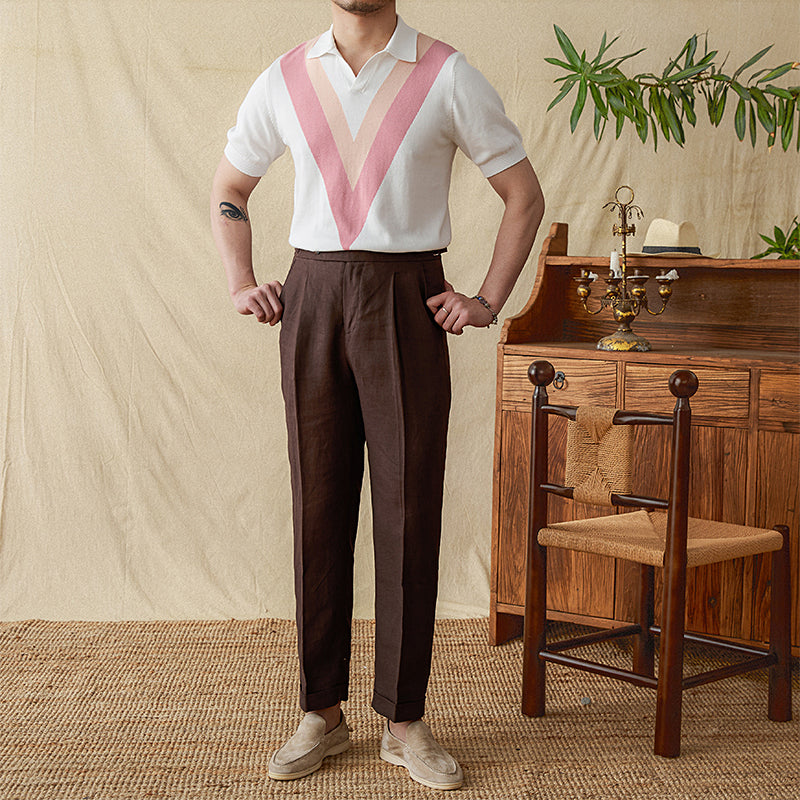 V-neck Casual Color-Block Knitted Shirt