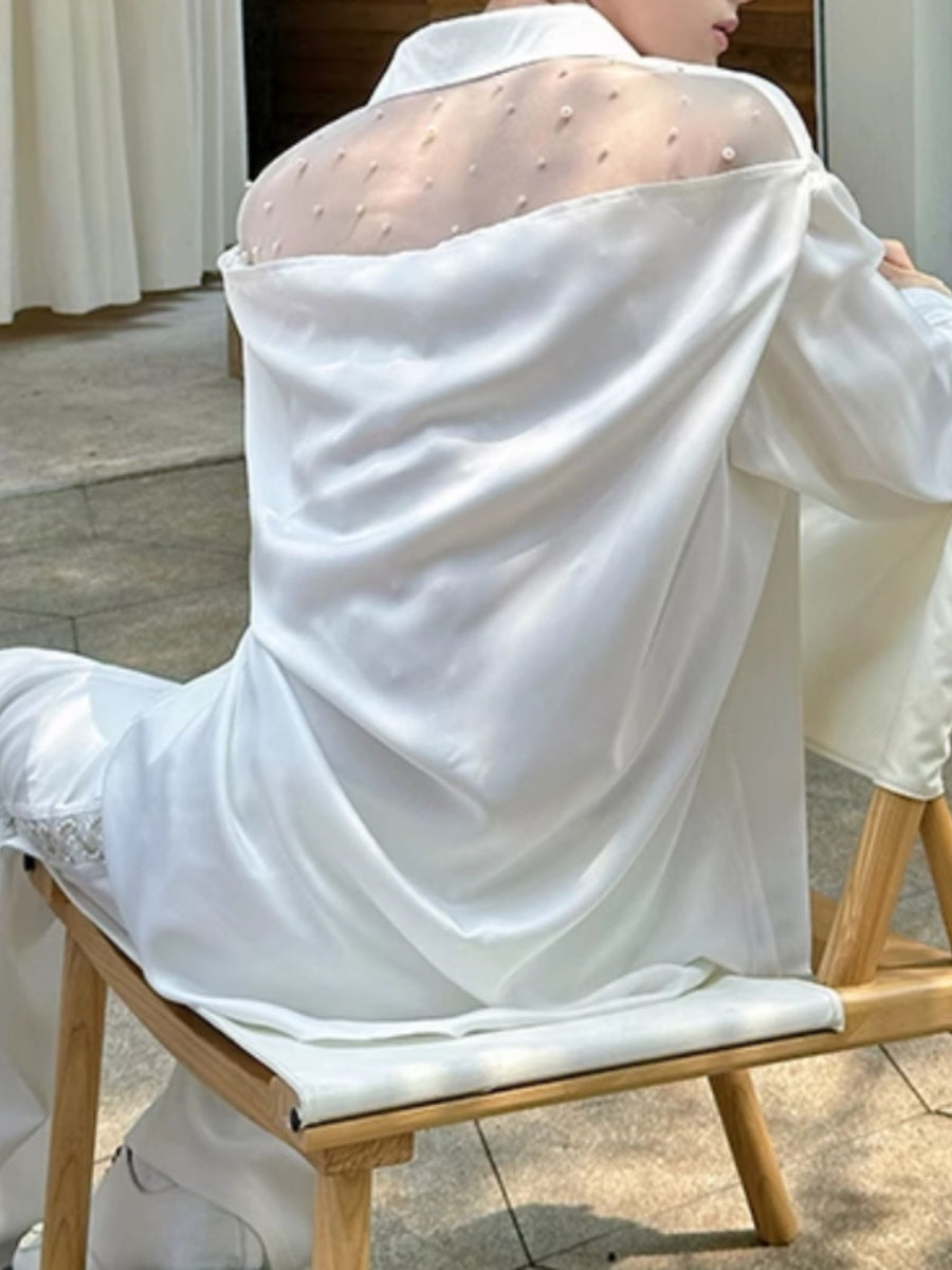 Mesh Beaded Satin Drape Shirt