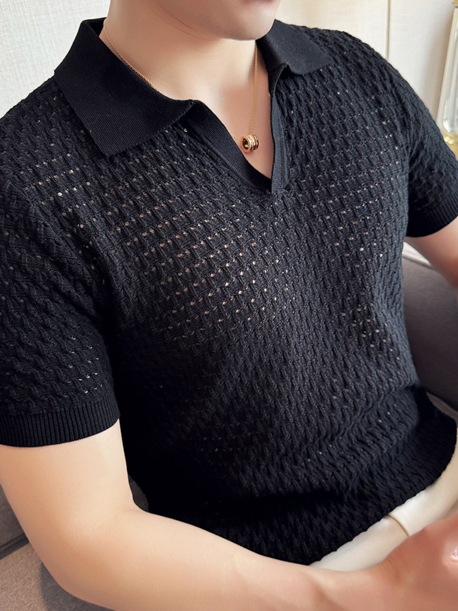 Knitted Hollow V-neck Polo Shirt