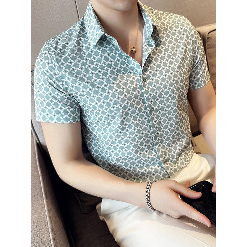 Mens Slim Fit Printed Business Short Sleeve Shirt
