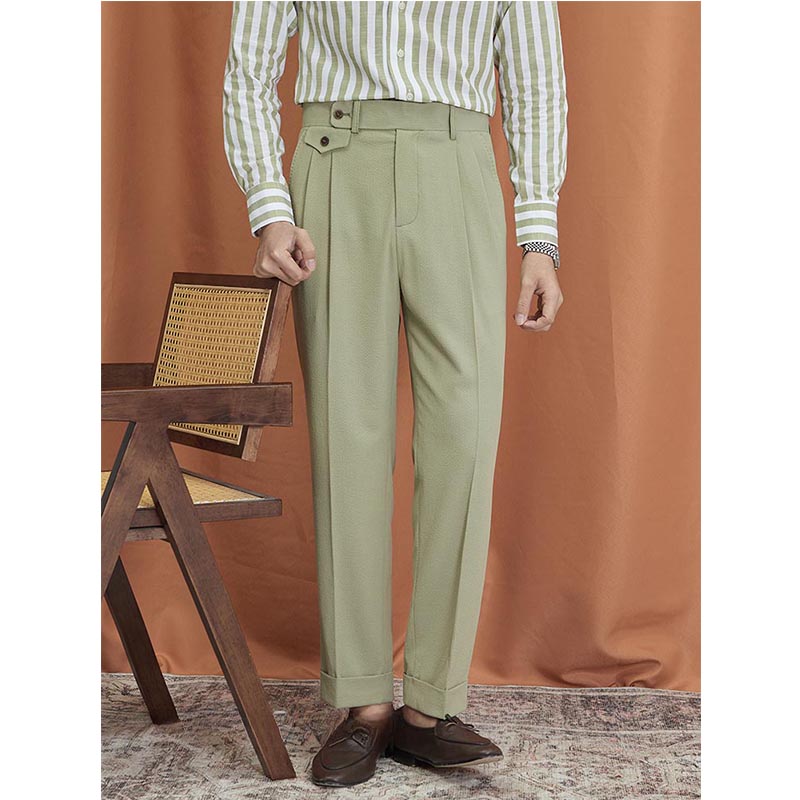 Men's High Waisted Pants Business Retro Seersucker Straight Casual Trousers