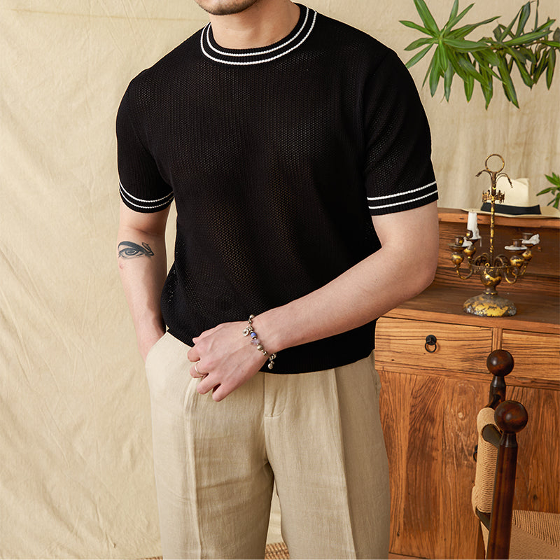 Contrast Color Round Neck Casual Hollow Shirt