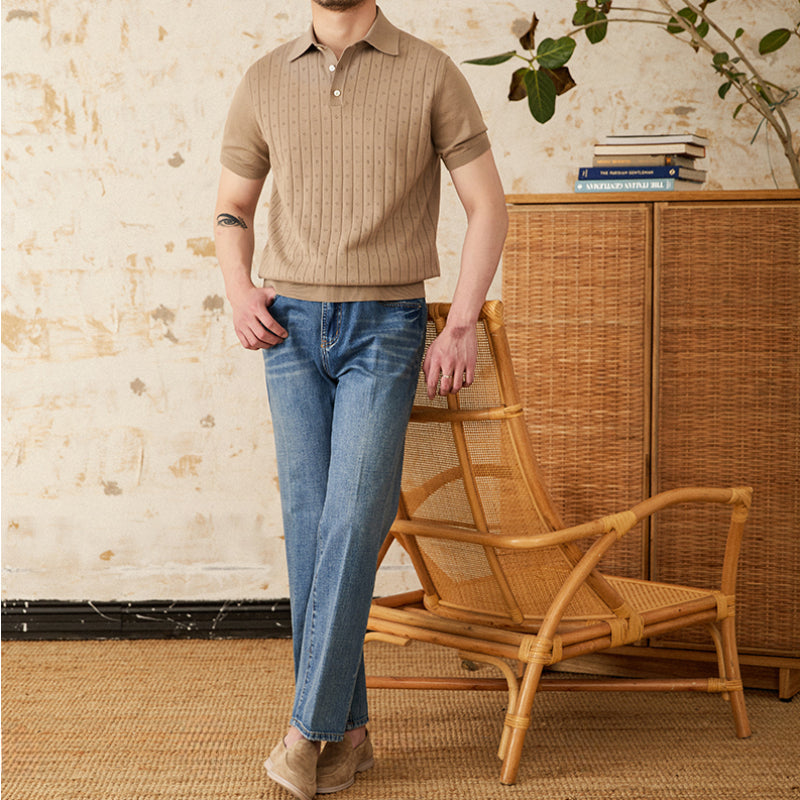 Vintage Lapel Pure Cotton Hollow POLO Shirt