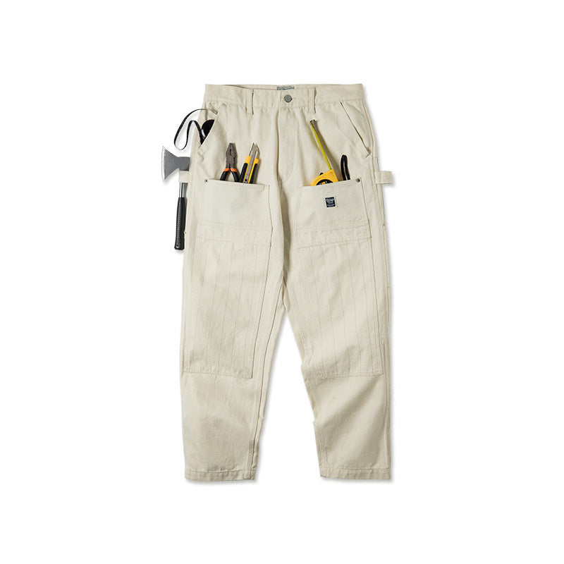 Mens Vintage Straight-leg Multi-pocket Work Jeans