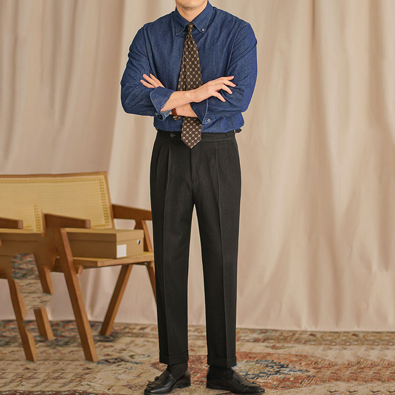 Men's Vintage Long Sleeve Casual Peak Collar Dress Shirt