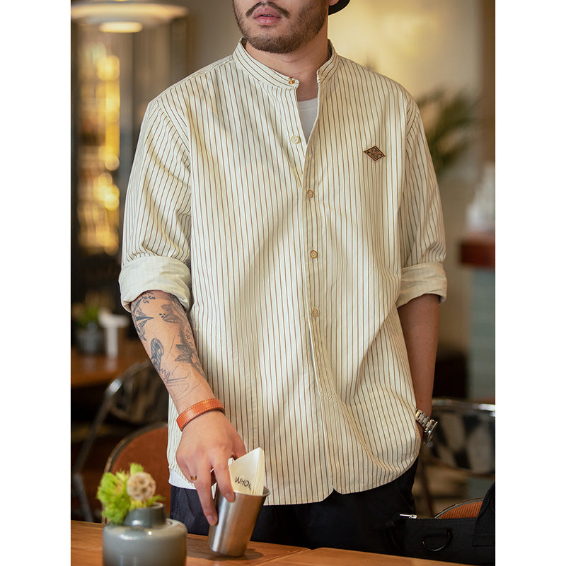 Mens Retro Stand Collar Vertical Pinstripe Long Sleeve Shirt
