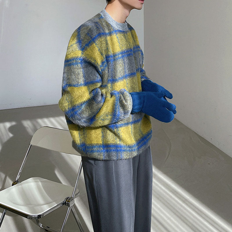 Men's Loose Spliced Round Neck Plaid Casual Sweatshirt