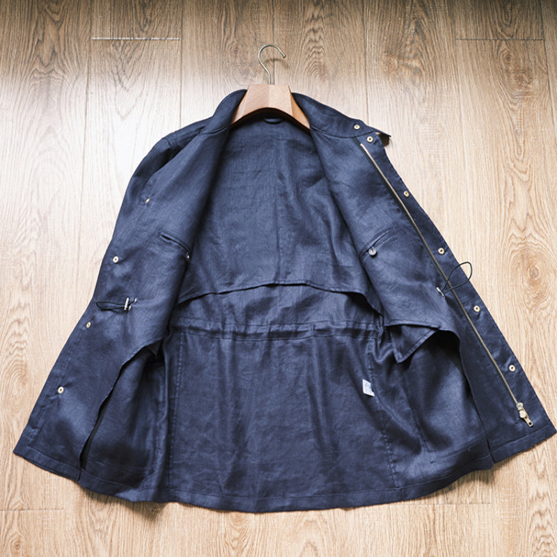 Summer 100% Linen Herringbone Unstructured Waist Trench jacket