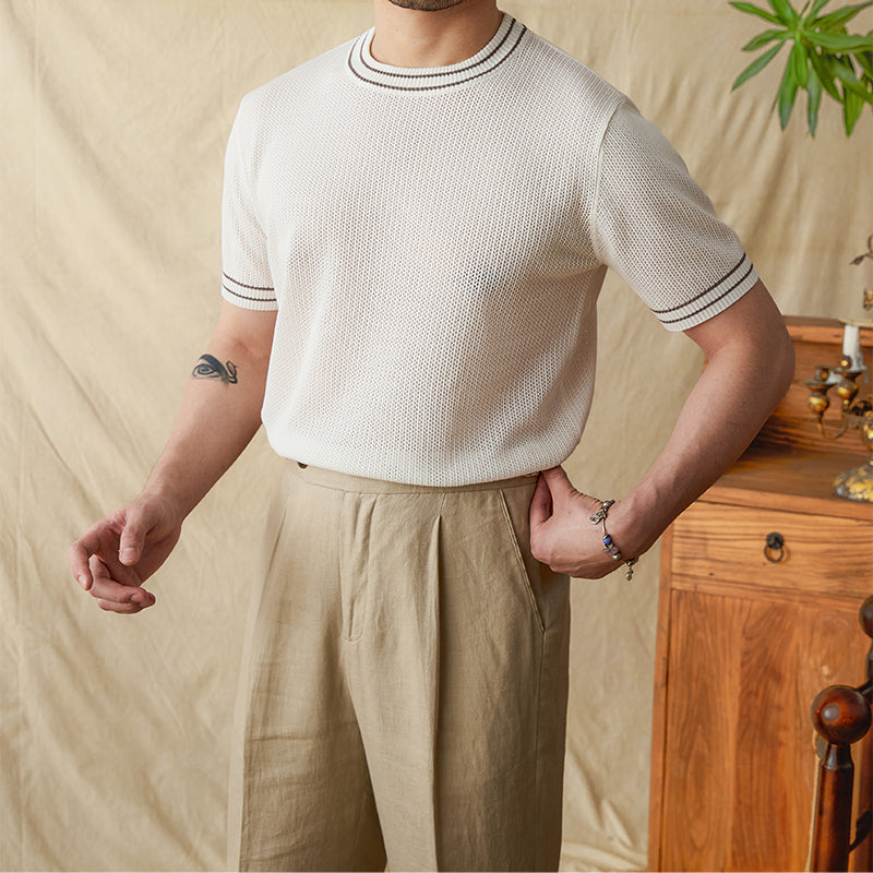 Contrast Color Round Neck Casual Hollow Shirt