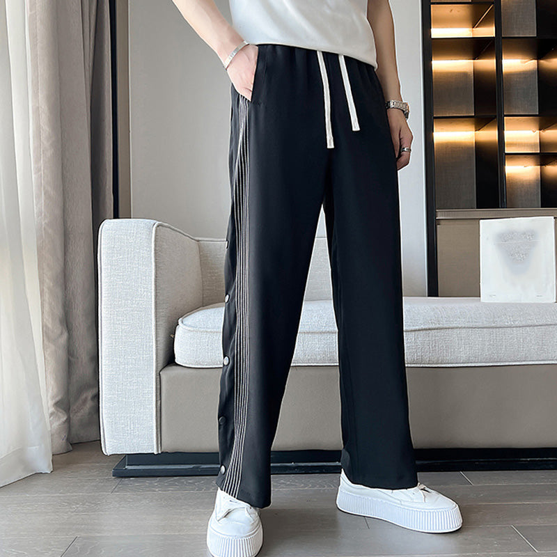 Men's Casual Straight Sports Button-down Nine-point Loose Vertical Pattern Pants