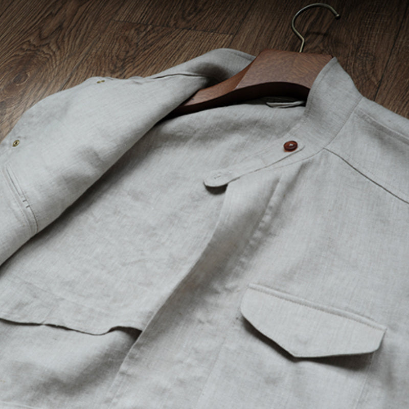 Summer 100% Linen Herringbone Unstructured Waist Trench jacket