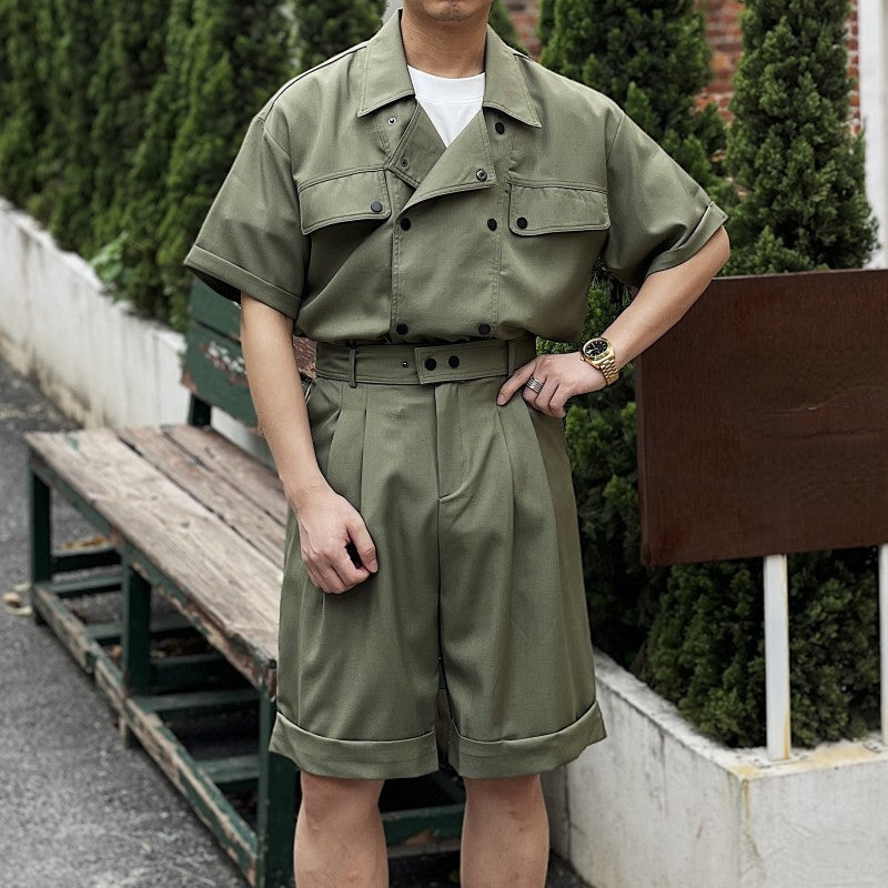 Summer Work Wear Double Breasted Casual Shirt Shorts Suit