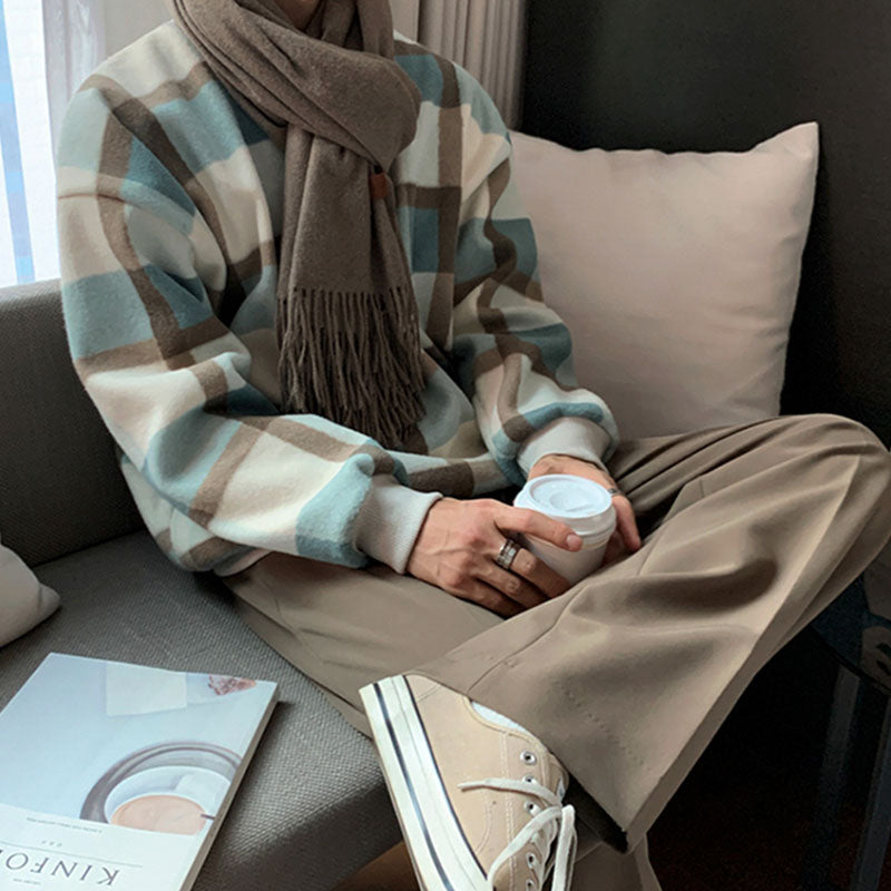 Men's Casual Round Neck Color Block Plaid Loose Sweatshirt
