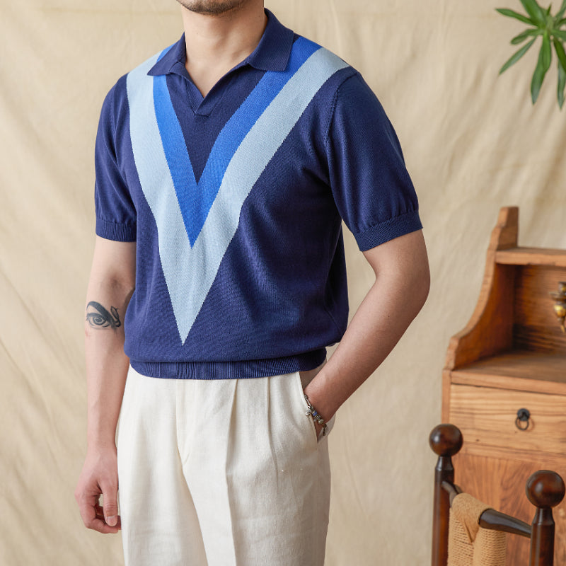 V-neck Casual Color-Block Knitted Shirt