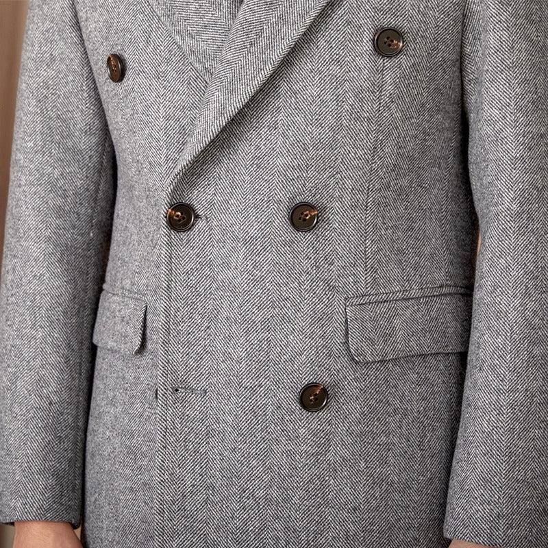 Mid-Length Double-Breasted Wool Blend Herringbone Coat