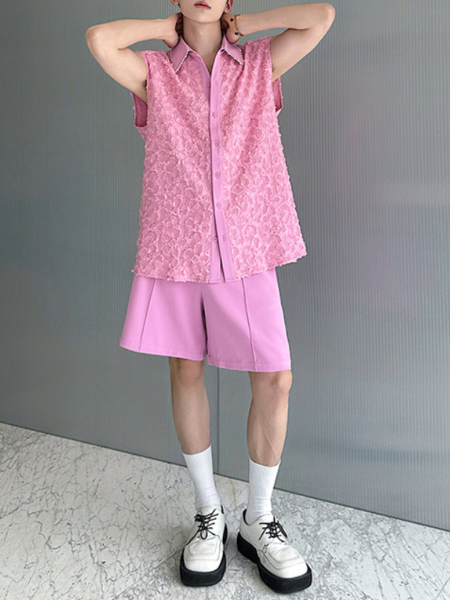 Heavy Beaded 3D Flower Sleeveless Top Loose Shorts Two-piece Set