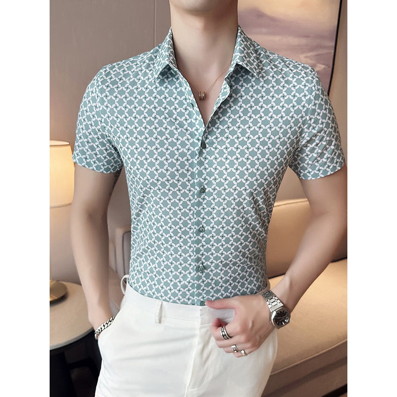 Mens Slim Fit Printed Business Short Sleeve Shirt