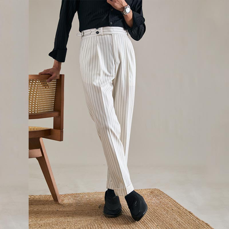 Men's High Waisted Pants White Striped Casual Retro Straight Trousers