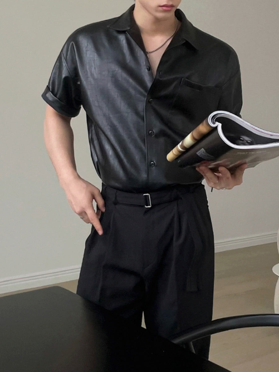 Loose Casual Commuter Lapel Leather Short Sleeves