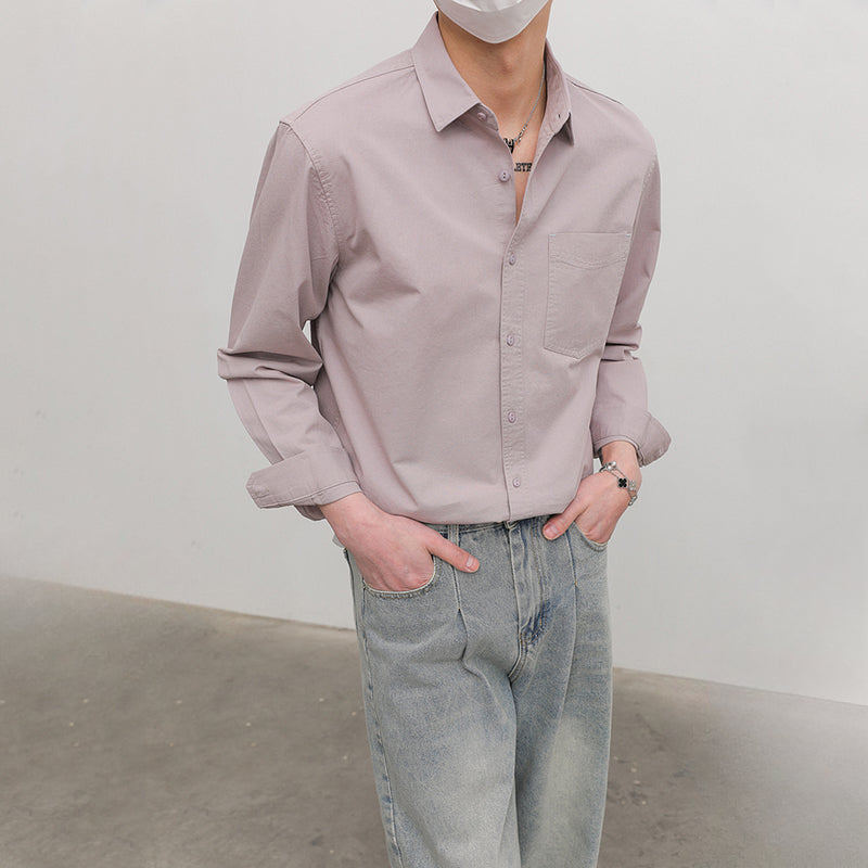 Solid Color Pointed Collar Casual Cotton Shirt