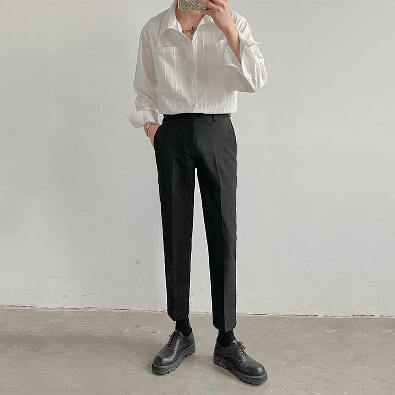 Men's Lapel Solid Color Casual Long Sleeve Shirt