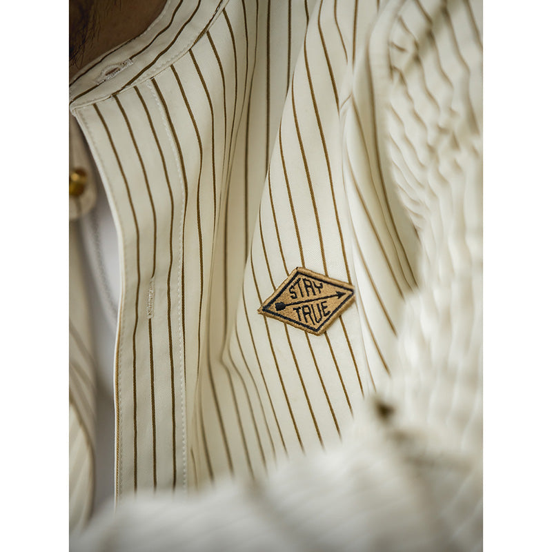 Mens Retro Stand Collar Vertical Pinstripe Long Sleeve Shirt