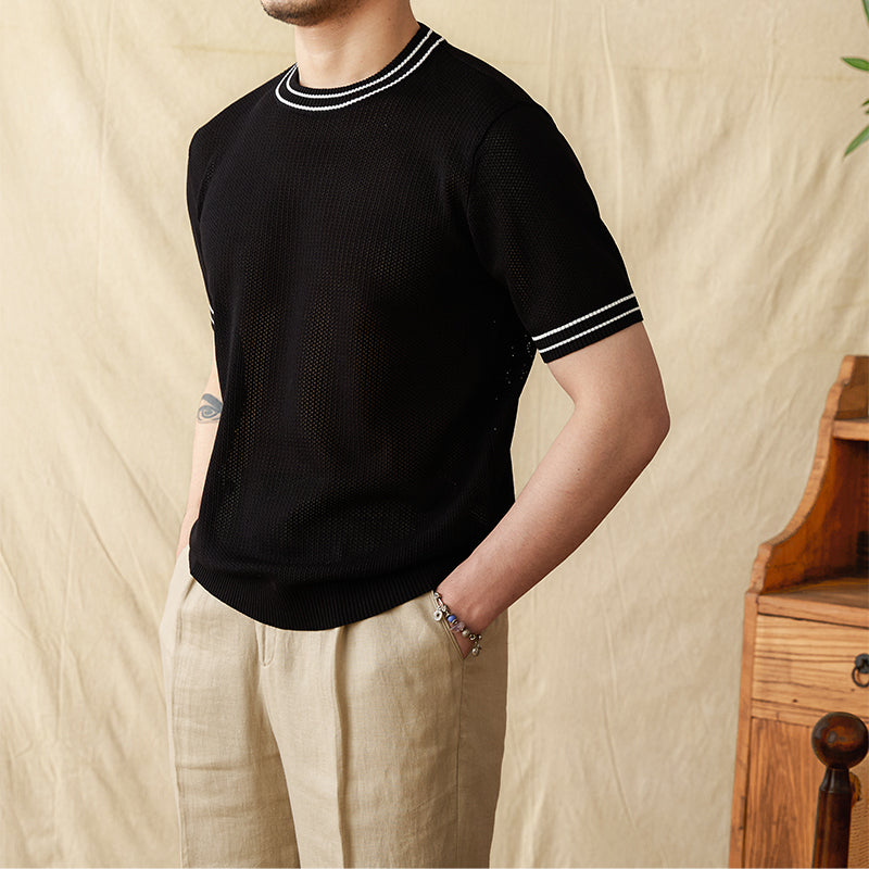 Contrast Color Round Neck Casual Hollow Shirt