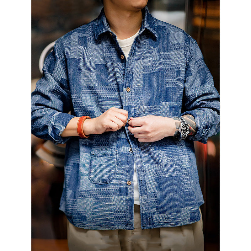 Men's Vintage Plaid Patchwork Denim Shirt