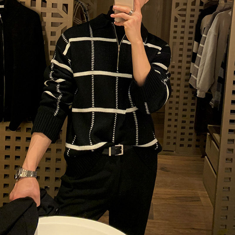 Men's Retro Lapel Plaid Loose Casual Sweater