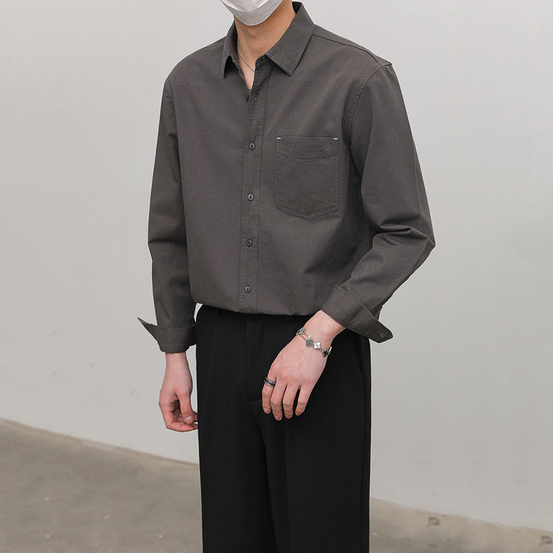 Solid Color Pointed Collar Casual Cotton Shirt