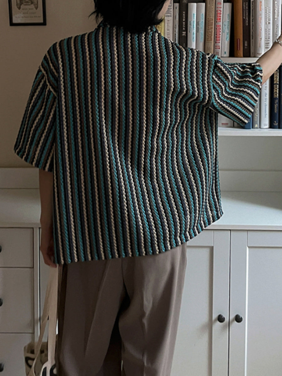 Striped Loose Casual Cuban Collar Shirt