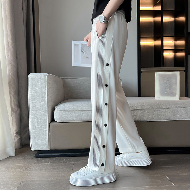 Men's Casual Straight Sports Button-down Nine-point Loose Vertical Pattern Pants