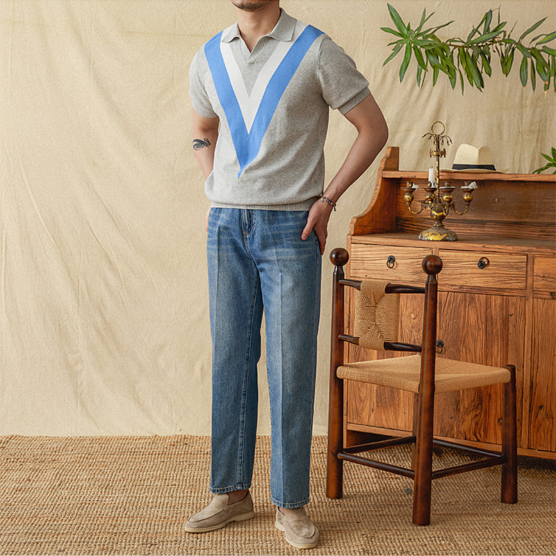 V-neck Casual Color-Block Knitted Shirt