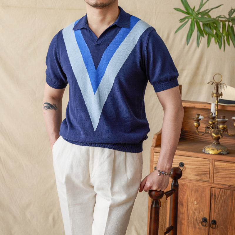 V-neck Casual Color-Block Knitted Shirt