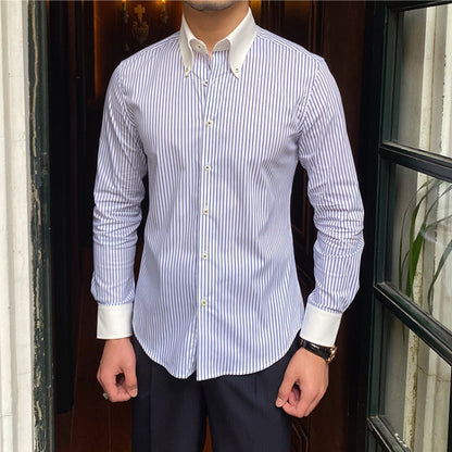 Men's Color Block Collar Slim Fit Striped Long Sleeve Shirt