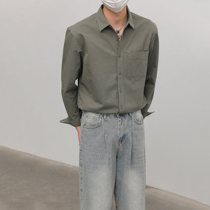 Solid Color Pointed Collar Casual Cotton Shirt