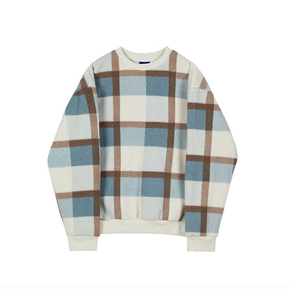 Men's Casual Round Neck Color Block Plaid Loose Sweatshirt