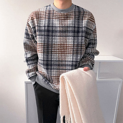 Men's Color Block Plaid Loose Round Neck Long Sleeve Retro Sweatshirt