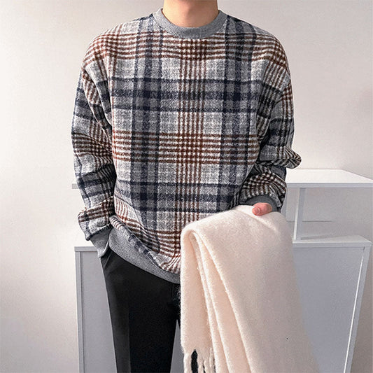 Men's Color Block Plaid Loose Round Neck Long Sleeve Retro Sweatshirt