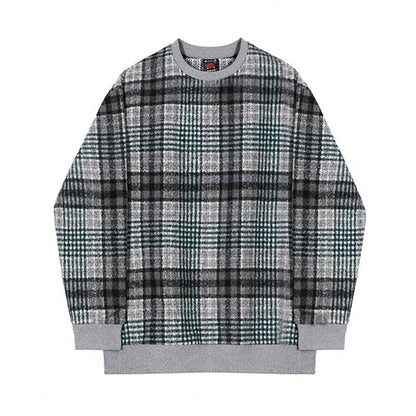 Men's Color Block Plaid Loose Round Neck Long Sleeve Retro Sweatshirt