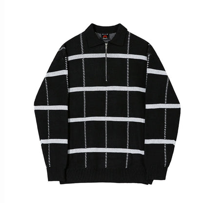 Men's Retro Lapel Plaid Loose Casual Sweater