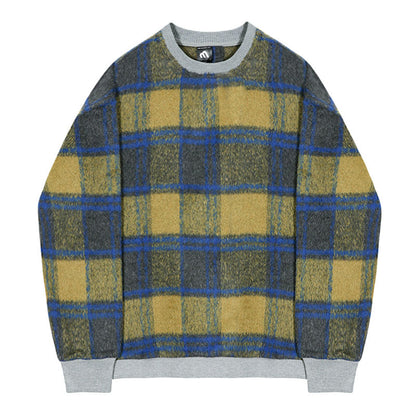 Men's Loose Spliced Round Neck Plaid Casual Sweatshirt