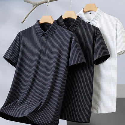 High Elastic Ice Silk Striped Loose POLO Shirt